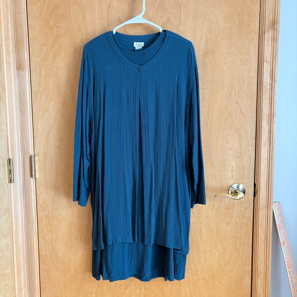 Eileen Fisher Teal Blue Ribbed Rayon 2-Piece Set Cardigan and Dress Large 47GS‎